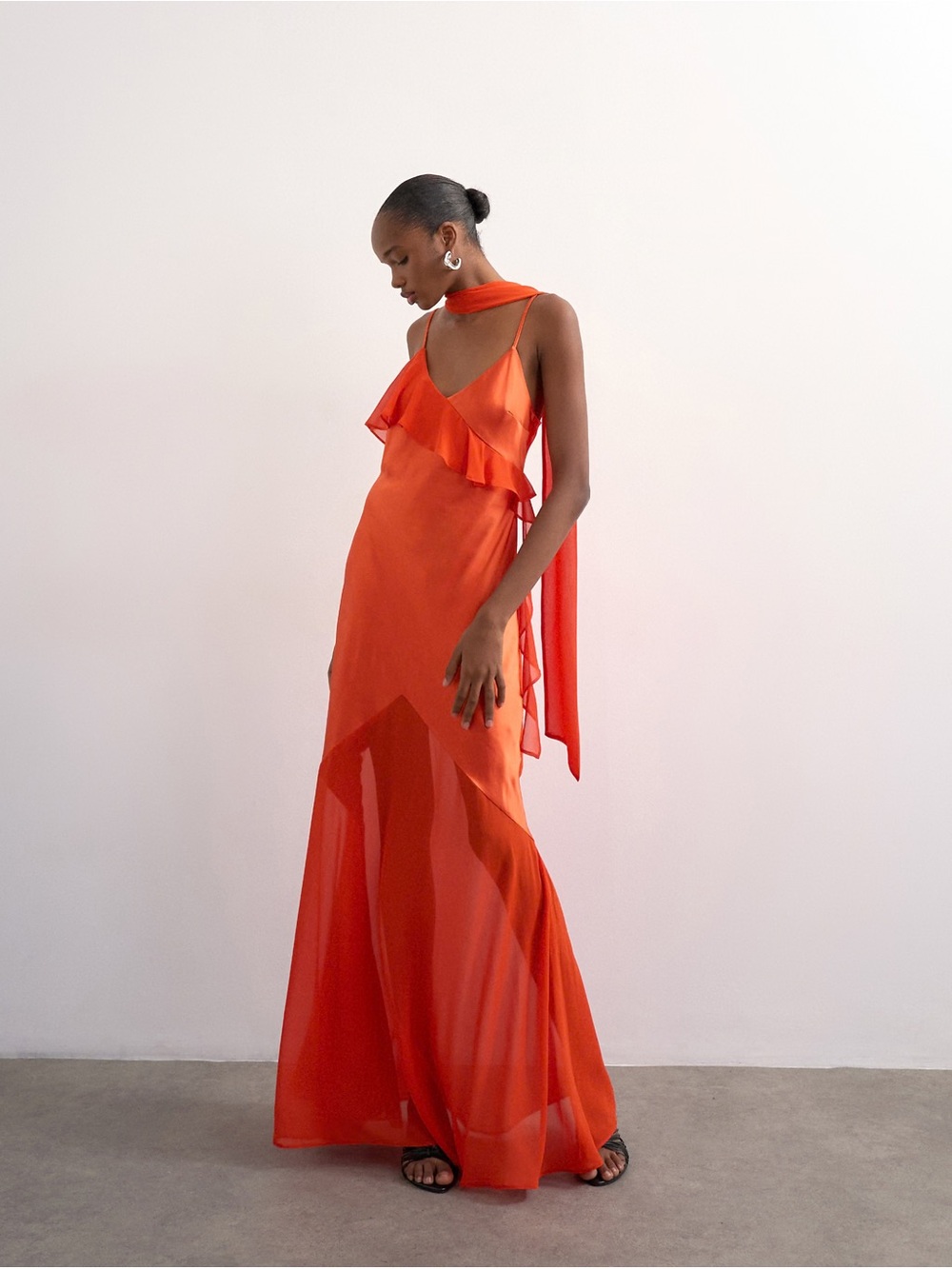 Elegant Orange Ruffled Slip Maxi Dress
